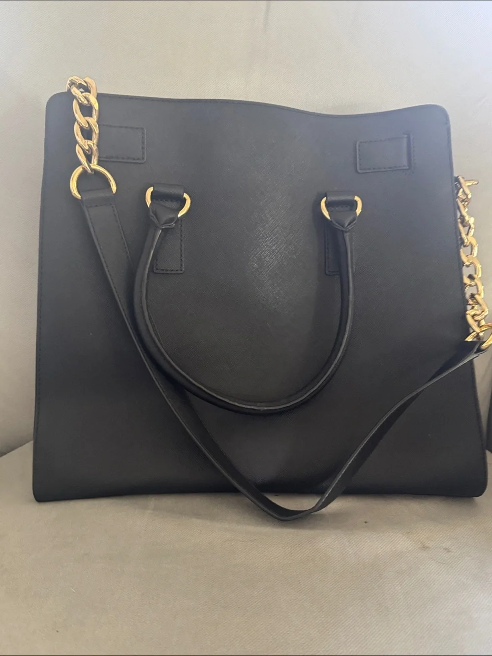 Michael Kors Black Leather Tote with Gold Chain Accents